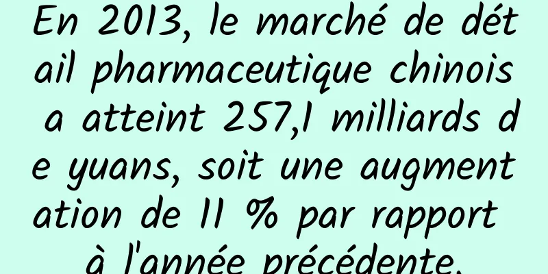 En 2013, le marché de détail pharmaceutique chinois a atteint 257,1 milliards de yuans, soit une augmentation de 11 % par rapport à l'année précédente.