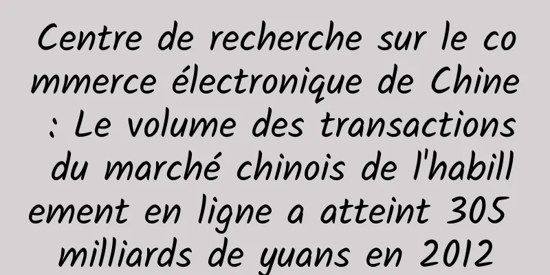Centre de recherche sur le commerce électronique de Chine : Le volume des transactions du marché chinois de l'habillement en ligne a atteint 305 milliards de yuans en 2012
