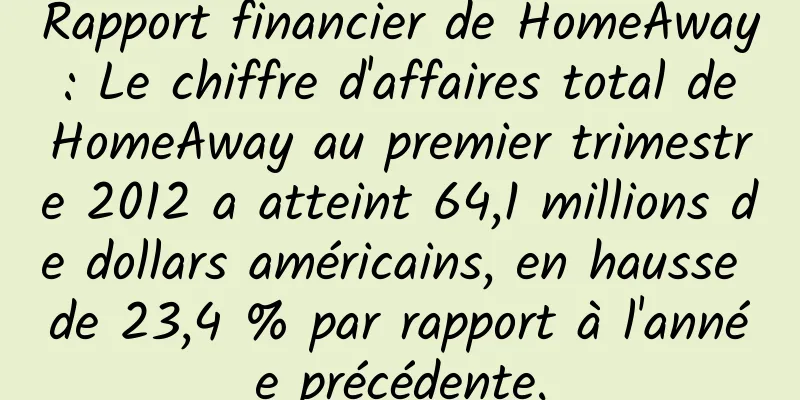 Rapport financier de HomeAway : Le chiffre d'affaires total de HomeAway au premier trimestre 2012 a atteint 64,1 millions de dollars américains, en hausse de 23,4 % par rapport à l'année précédente.